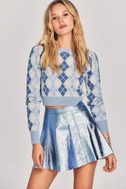 LoveShackFancy Sale Dornie Leather Mini Skirt - METALLIC BLUE
